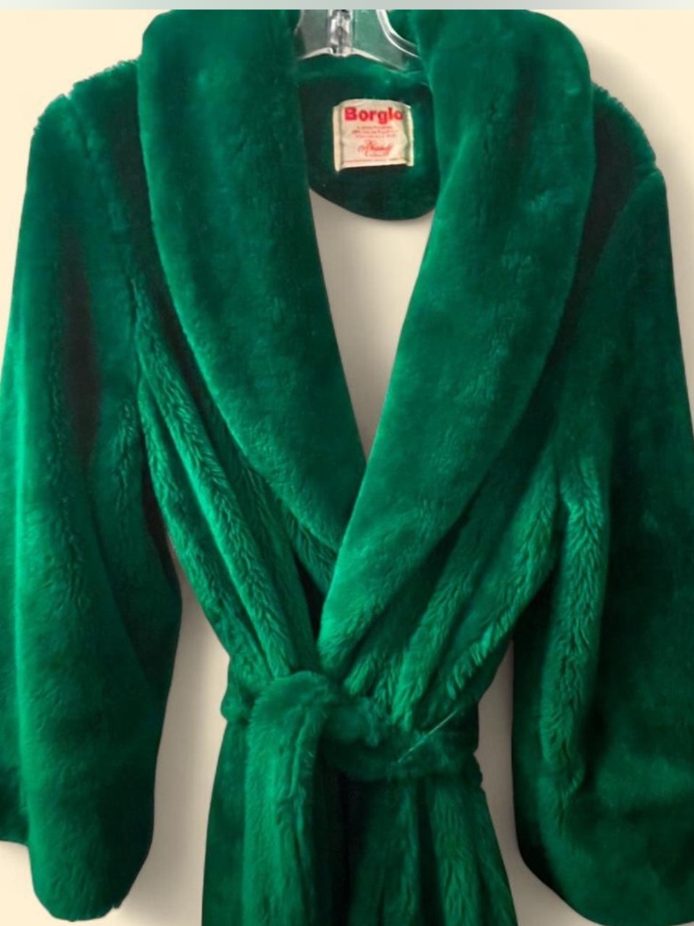 Vintage 1970s Borglo Green Shag Robe Plush Faux Fur Belt Mid Century Loungewear